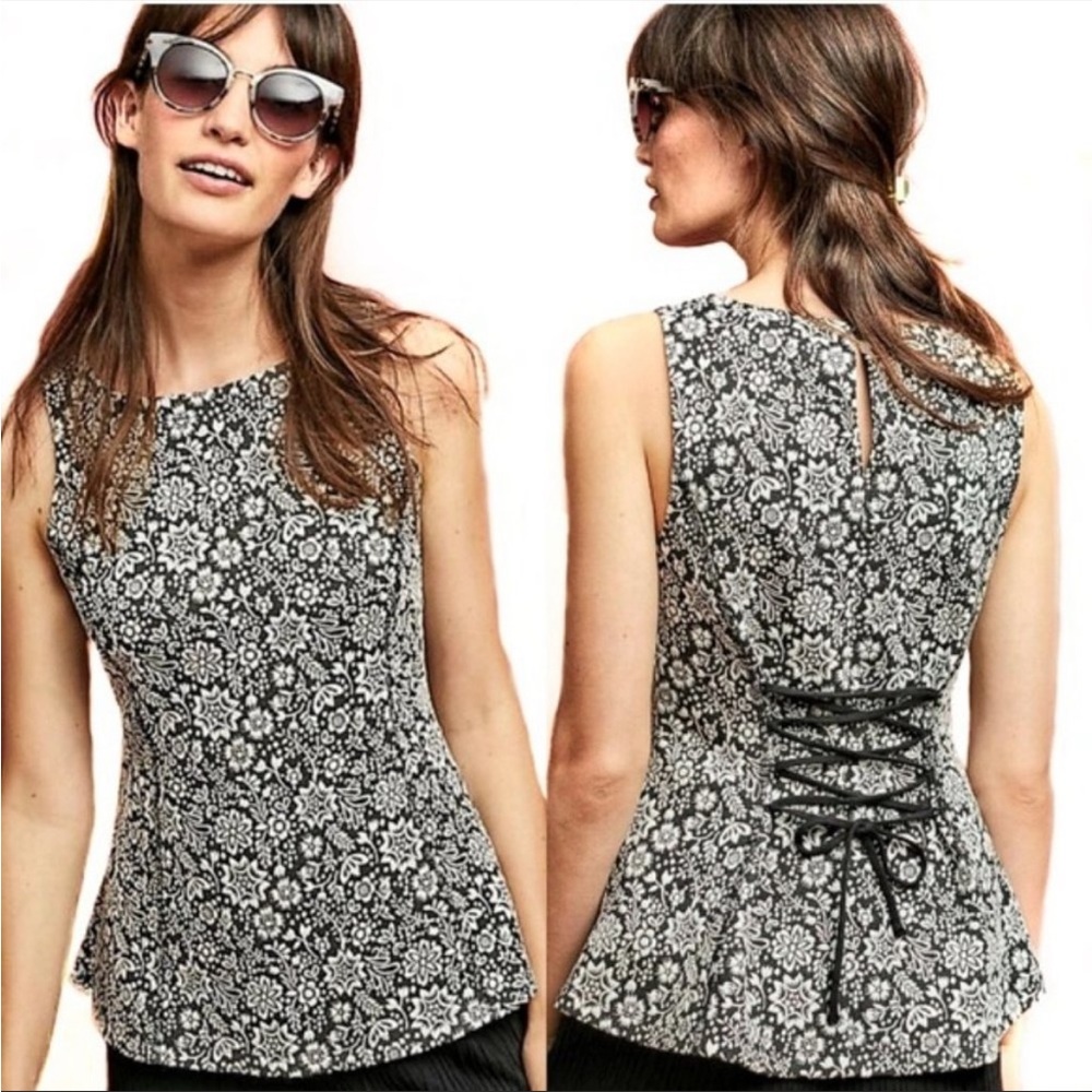 Anthropologie Vanessa Virginia Floral Peplum Lace Up Corset Blouse XSmall Black